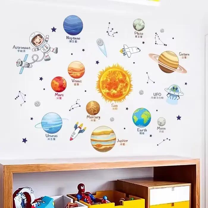 Autocollants muraux de dessin animé de l'univers du système solaire, décoration de la maison, planèt