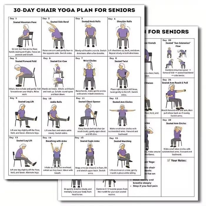 2/10 feuilles de défi de yoga sur chaise de 30 jours pour les seniors, plan d'entraînement complet d