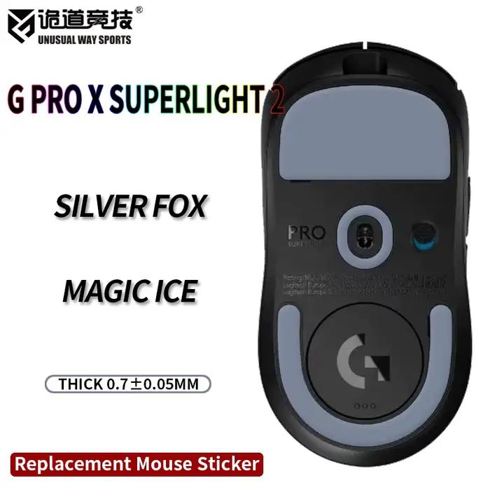 Patins de souris UnusualWaySports G Pro X Superlight 2 Surface Courbée PTFE Anti-Collapsation Magic Ice Black Silver Fox GPX2 GPW5