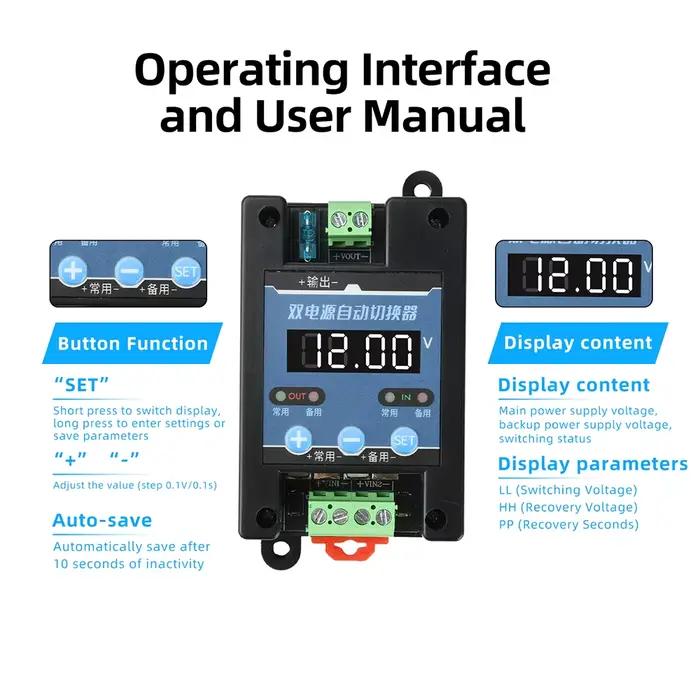 Commutateur Automatique Intelligent Contrôle Tension Double Alimentation Affichage Numérique Systèmes DC 5-40V Protection Autonomie Sécurité Usage Industriel Commercial Occasionnels