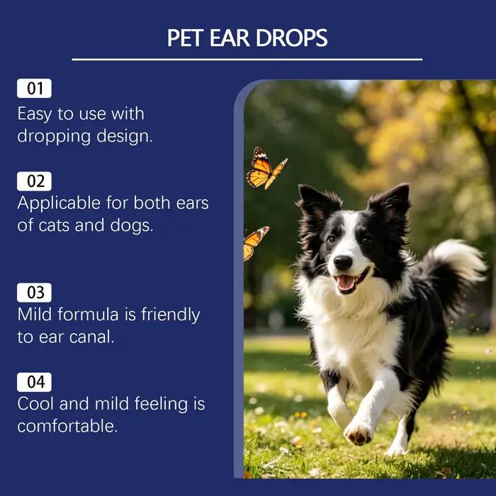 Gouttes auriculaires pour animaux de compagnie : Non irritantes, réduisent les mauvaises odeurs, soulagent l'inconfort, anti-cérumen, nettoyage à l'eau, soin des oreilles des animaux