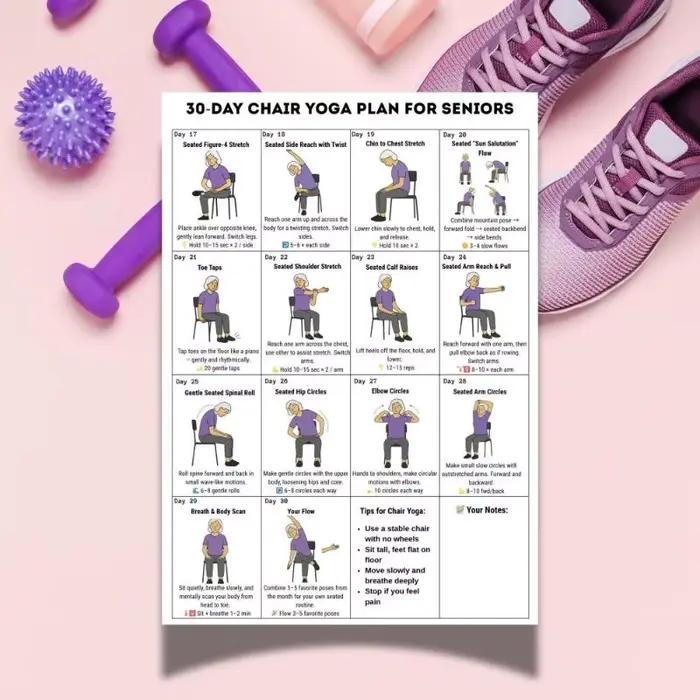 2/10 feuilles de défi de yoga sur chaise de 30 jours pour les seniors, plan d'entraînement complet du corps