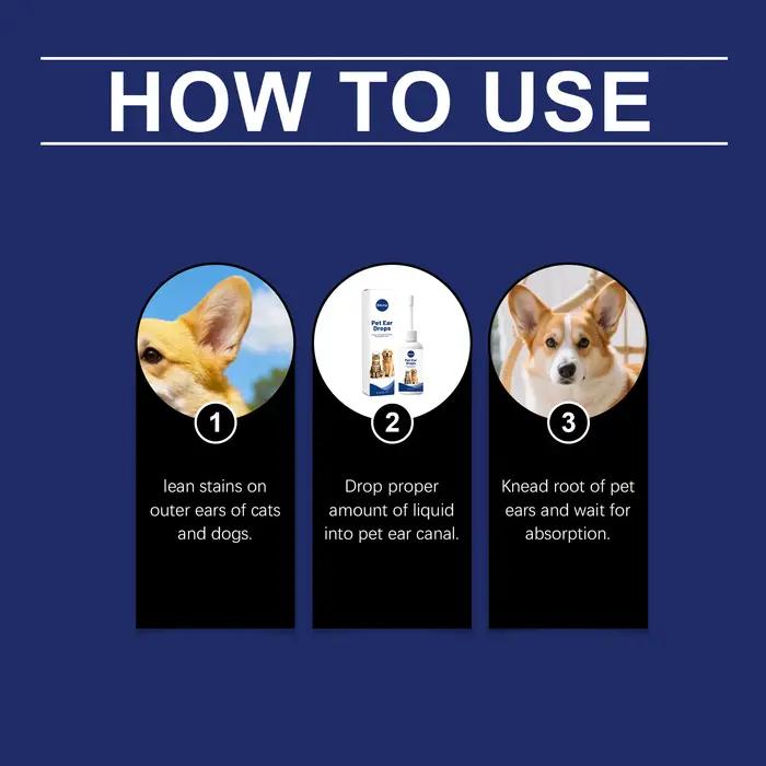 Gouttes auriculaires pour animaux de compagnie : Non irritantes, réduisent les mauvaises odeurs, soulagent l'inconfort, anti-cérumen, nettoyage à l'eau, soin des oreilles des animaux