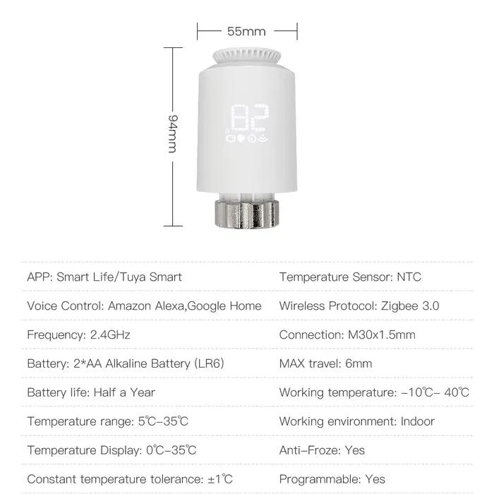 AVATTO ZigBee Thermostat Radiateur Actuateur Intelligent TRV Vanne Thermostatique Contrôleur de Température Compatible Tuya Alexa Google Home