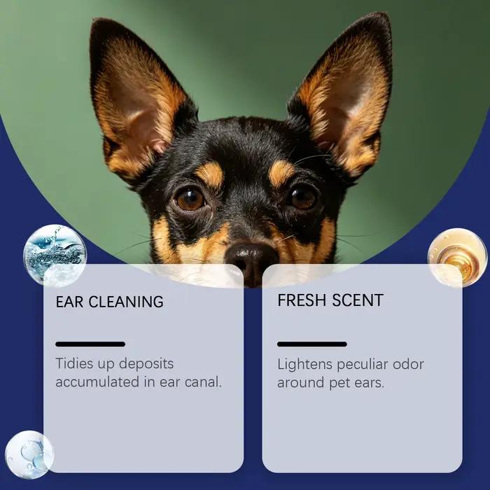 Gouttes auriculaires pour animaux de compagnie : Non irritantes, réduisent les mauvaises odeurs, soulagent l'inconfort, anti-cérumen, nettoyage à l'eau, soin des oreilles des animaux