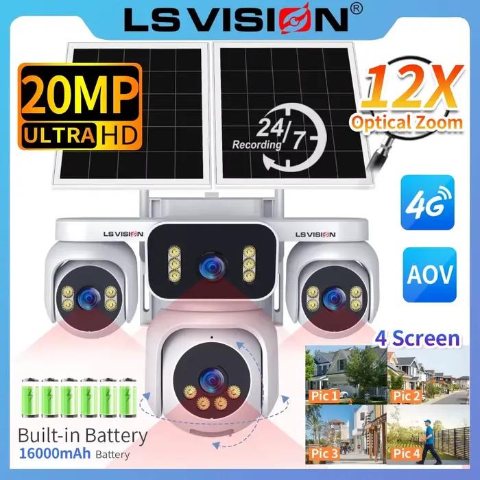 LS VISION 10K AOV 4G Cloud SIM caméra solaire quatre écrans extérieur 12X Zoom optique batterie caméra de sécurité solaire enregistrement 24/7