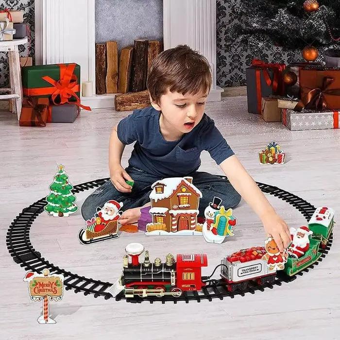 [Nouveau] Série de Noël Piste de train Piste à vapeur électrique Modèle de train Lumières Cadeaux de vacances pour enfants Musique Ensemble de train du Père Noël ;