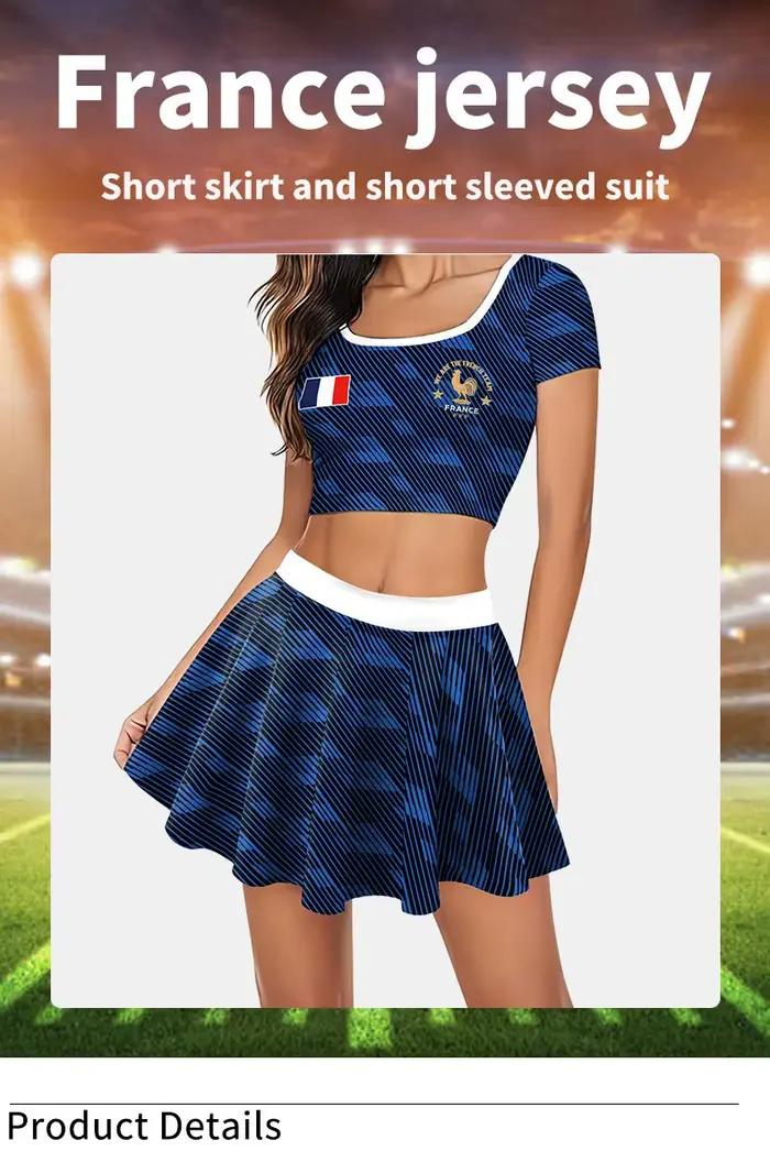 Ensemble 2 pièces sexy de l'équipe de football de France pour femme : Crop top décontracté et jupe plissée taille haute – Tenue de supporter Fan2026