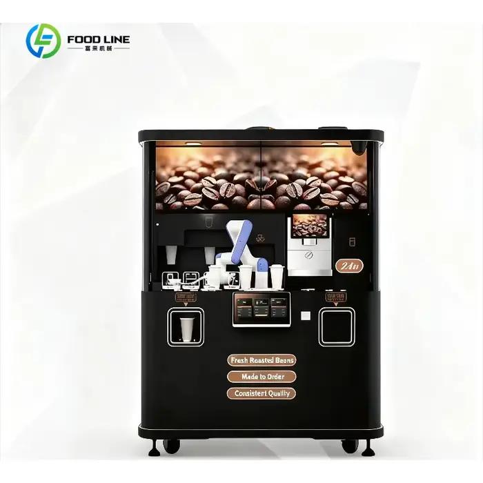 Équipement de distribution de café automatique avec bras robotisé commercial personnalisé, café fraîchement moulu, système automatisé pour la vente en libre-service dans les centres commerciaux