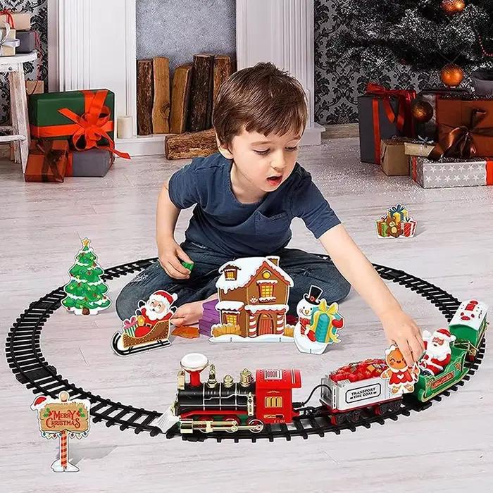 Train de noël jouets électriques décoration d'arbre de noël cadre de voie de Train voiture de chemin de fer avec son et lumière voiture de fer cadeaux de noël