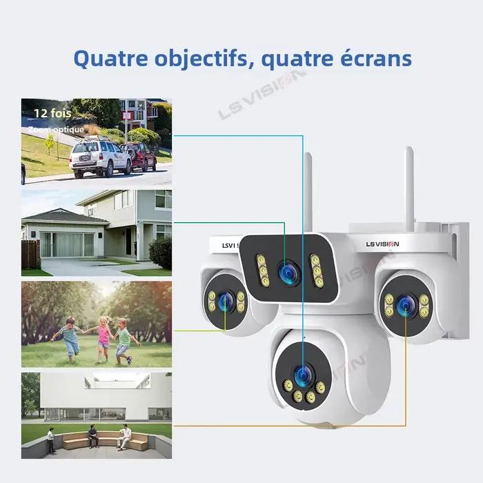 LS VISION 10K AOV 4G Cloud SIM caméra solaire quatre écrans extérieur 12X Zoom optique batterie caméra de sécurité solaire enregistrement 24/7