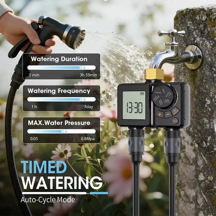 Système d'arrosage intelligent automatique à double sortie avec minuterie et programmateur de tuyau pour jardin extérieur