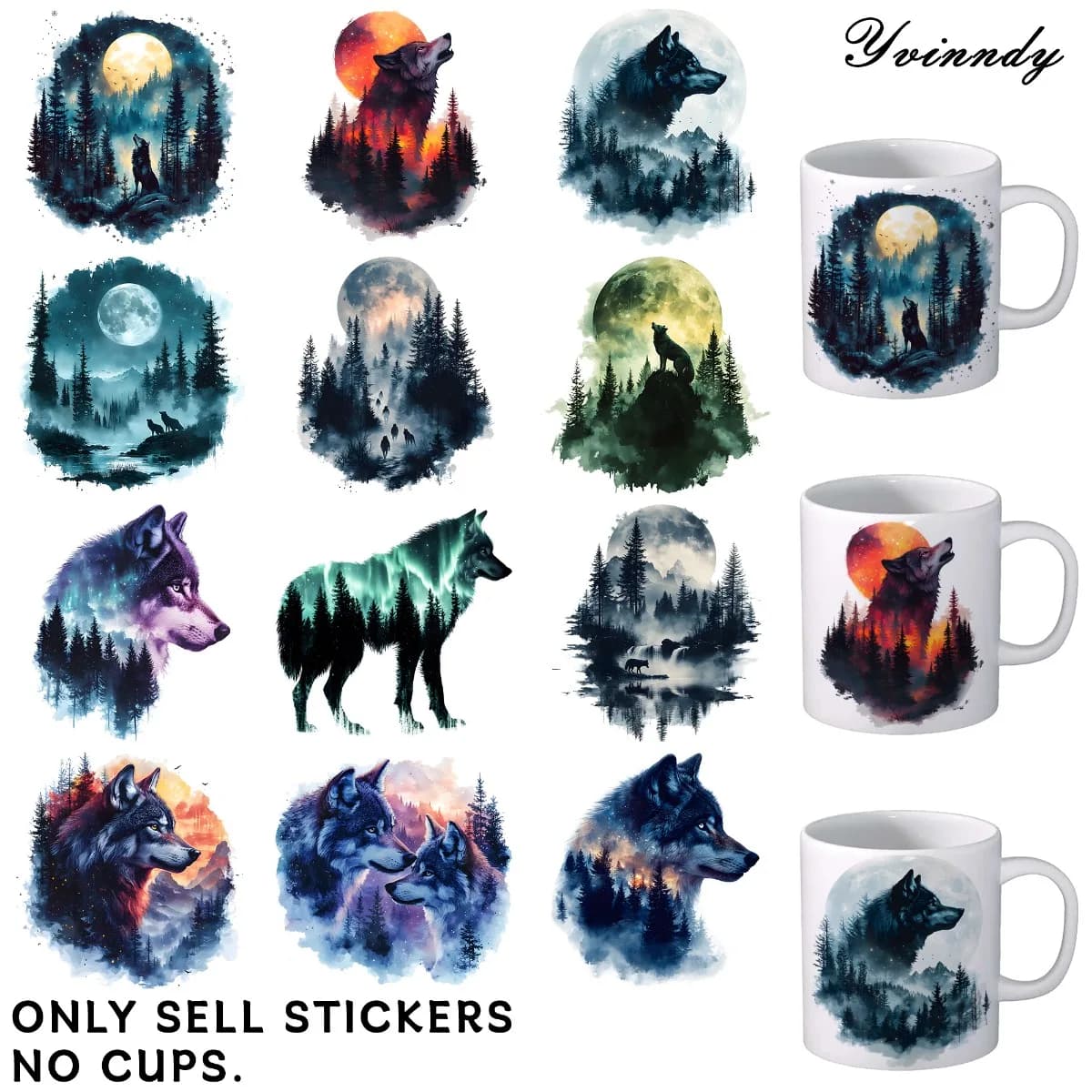 Papier de transfert UV DTF, 12 pièces, motifs Shadows Of The Timberwolves, designs aléatoires, papie