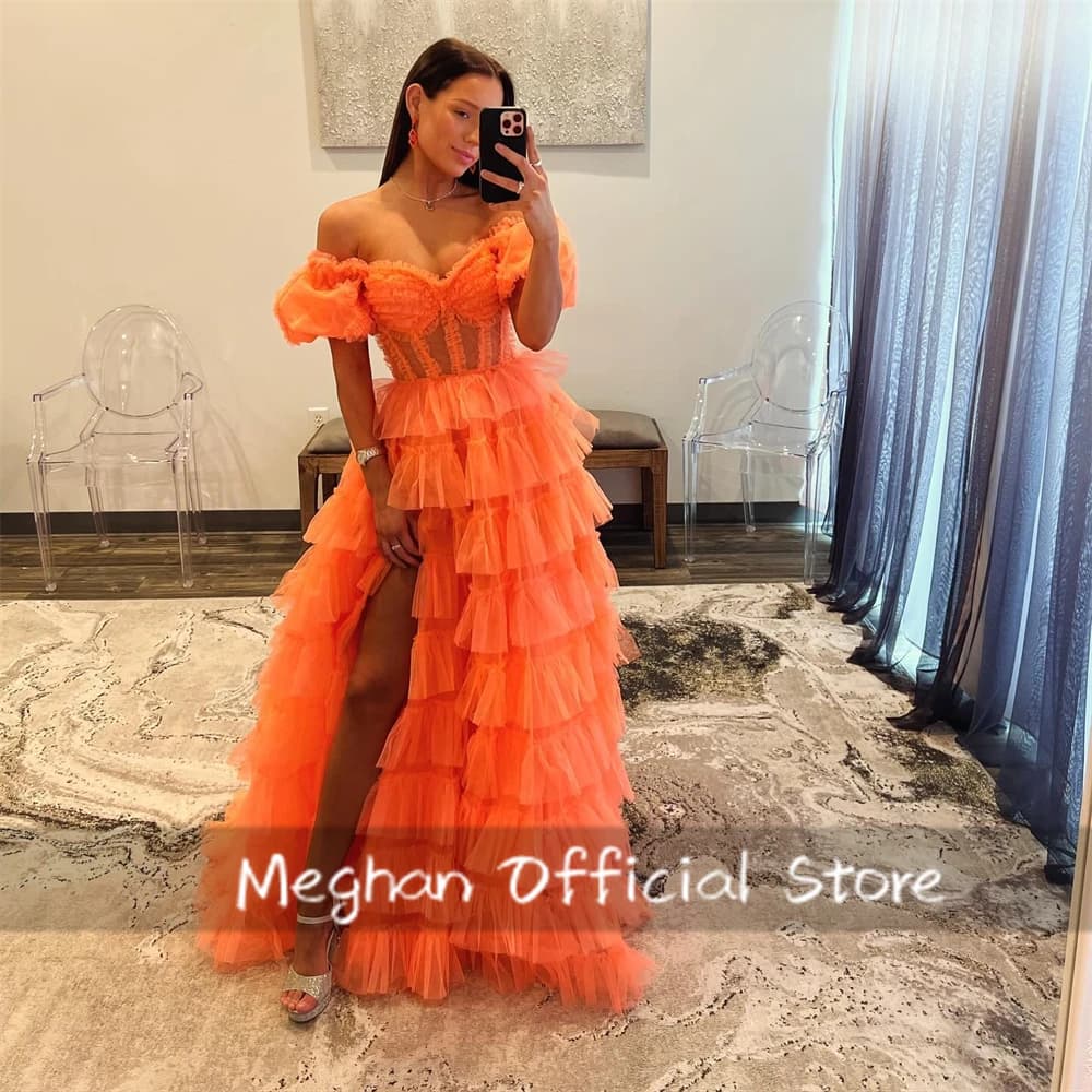 Robe de bal orange jeune et élégante, longue, à épaules dénudées, manches courtes, robe de soirée fe