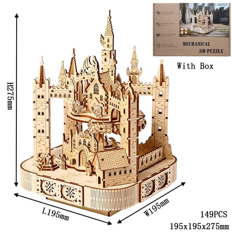 Château Magique 3D en Bois, Puzzle Rotatif, Train Touristique, Boîte Musicale Octave, Modèle à Assem