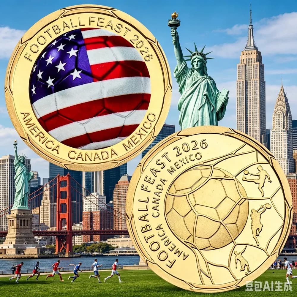 Pièce de Monnaie 3D Plaqué Or 2026 – 12 Nations, États-Unis, Canada, Mexique – Match de Football Mon