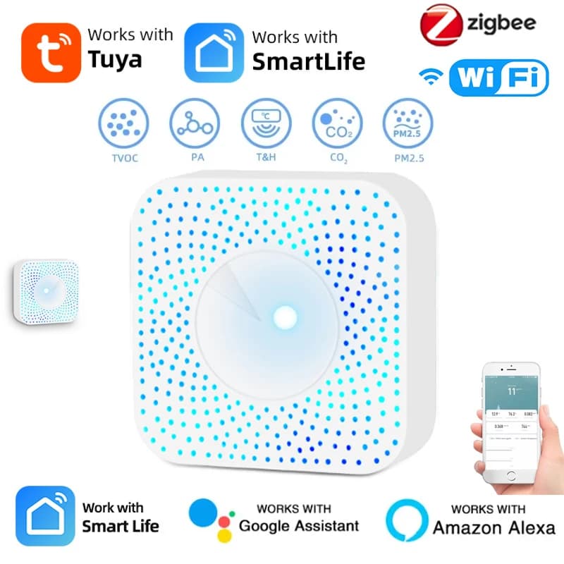 Tuya ZigBee/WiFi détecteur de qualité de l'air PM2.5 formaldéhyde cov CO2 température humidité 6in1 capteur de boîte d'air intelligent Via Alexa Google
