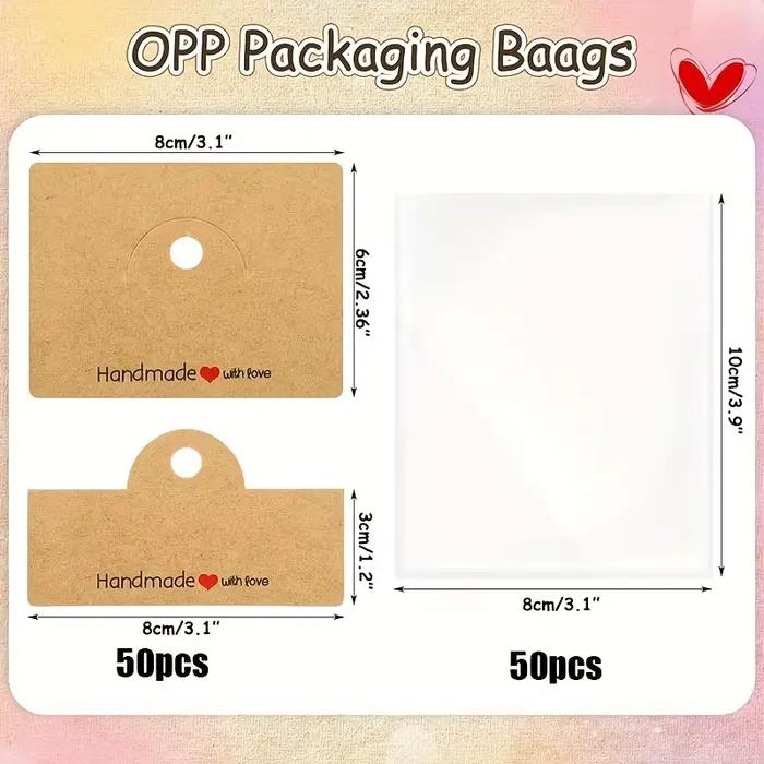 Sacs d'emballage de bijoux 100 pièces, comprenant 50 sacs et 50 cartes, sacs transparents pour expos