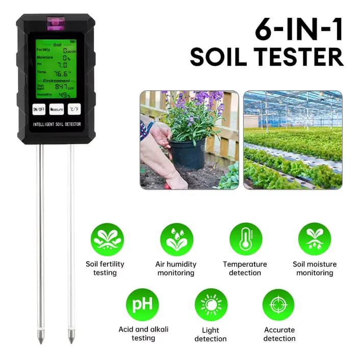 Testeur de sol numérique 6 en 1, détecteur multifonctionnel de pH du sol, humidité, fertilité, pH, t