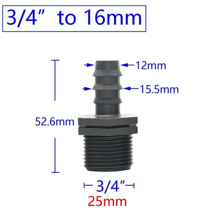 Filetage mâle femelle 1/2 3/4 à 1/2 3/4 1 pouce, connecteur barbelé pour tuyau d'arrosage 16mm 20mm