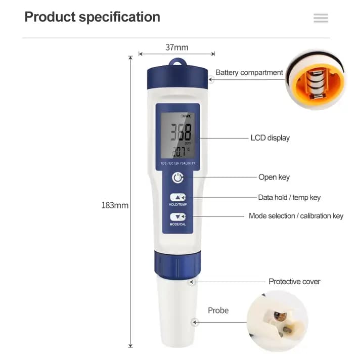 Stylo compteur numérique PH TDS EC 5 en 1, testeur de température de salinité, filtre de conductivit