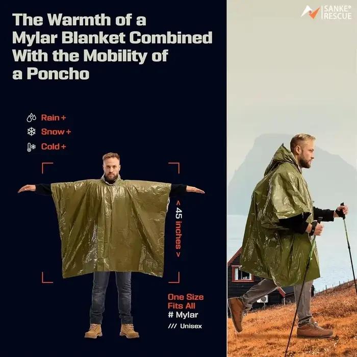 Poncho d'urgence - Imperméable avec isolation contre le froid et couverture de survie, jetable et réutilisable pour le camping/la randonnée