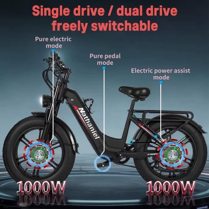 Vélo électrique Nathaniel SYR08 pour trajets urbains, double moteur 2000W, roue intégrée 20x4.0, 48V20AH, vitesse 50+, cyclisme extérieur sur neige/sable
