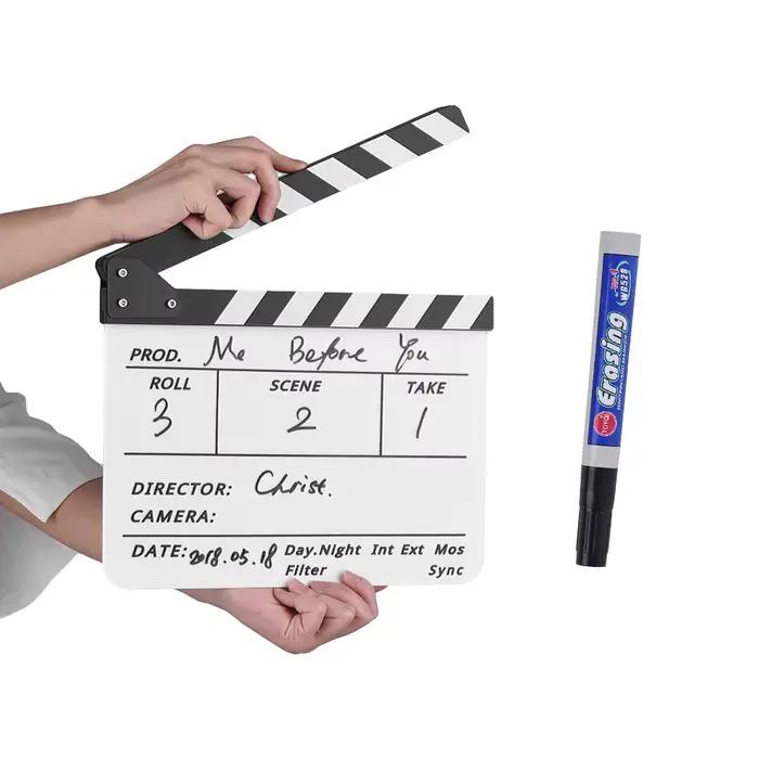 Tableau de claquage professionnel en acrylique effaçable à sec pour réalisateur de films et de séries TV, avec stylo et gomme