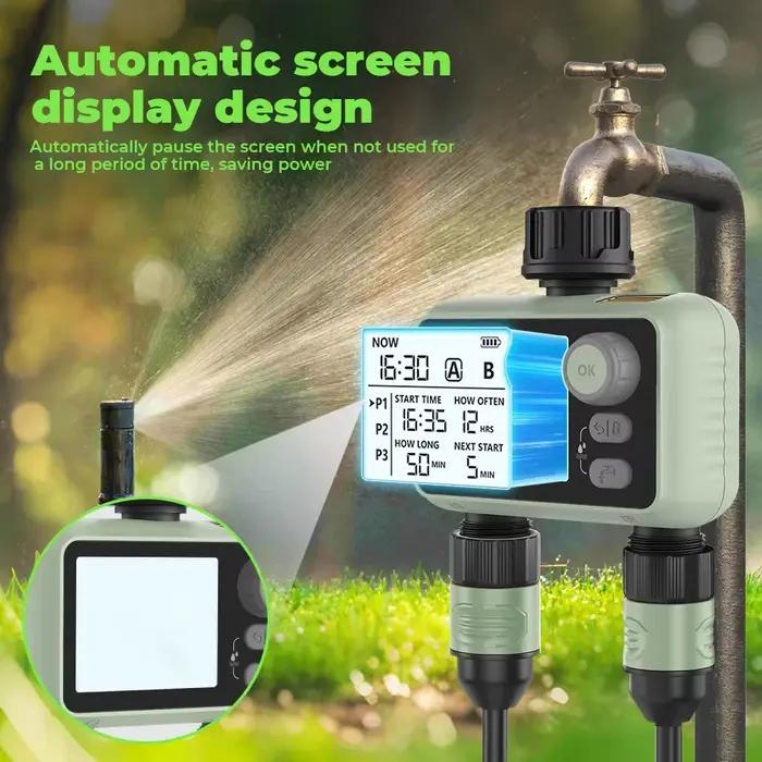 Programmateur d'arrosage de jardin Eshico HCT-376 à 2 sorties avec capteur de pluie intelligent et commande par bouton