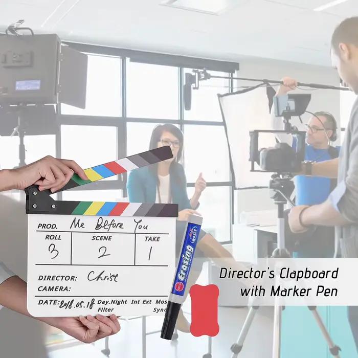 Clapboard professionnel en acrylique effaçable à sec pour réalisateur de films et de séries TV, avec stylo et gomme