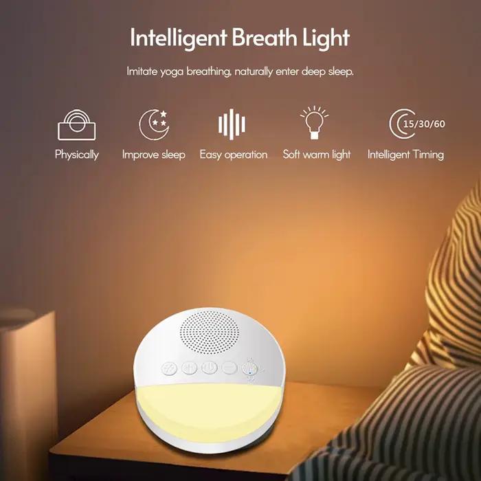 Machine de sommeil à bruit blanc intégré 6 sons apaisants doux souffle lumière 15/30/60 minutage intelligent pour les personnes de tous âges