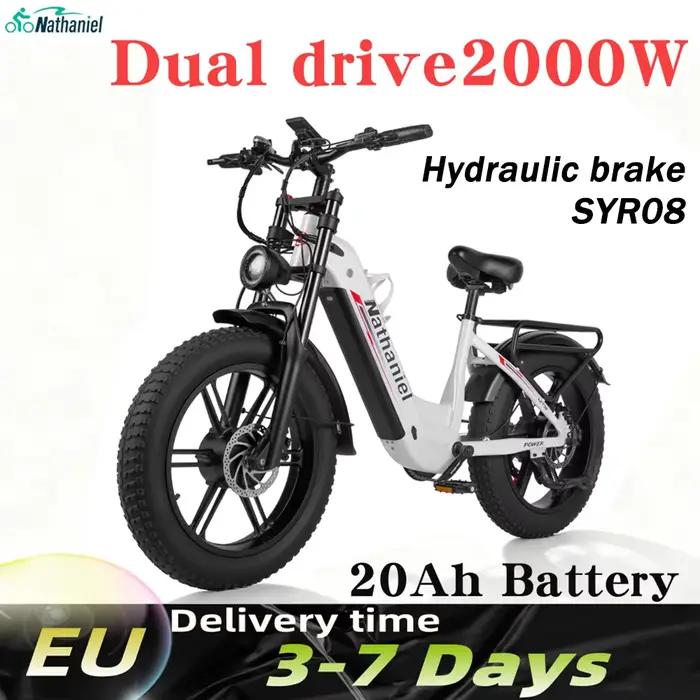 Vélo électrique Nathaniel SYR08 pour trajets urbains, double moteur 2000W, roue intégrée 20x4.0, 48V20AH, vitesse 50+, cyclisme extérieur sur neige/sable