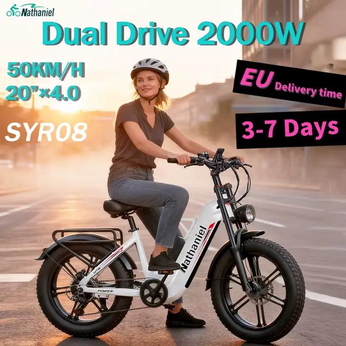 Vélo électrique adulte Nathaniel SYR08, double moteur 2000 W, roue intégrée à gros pneus 20 "* 4.0, 50 km/h, 48 V 20 Ah, vélo de banlieue urbain