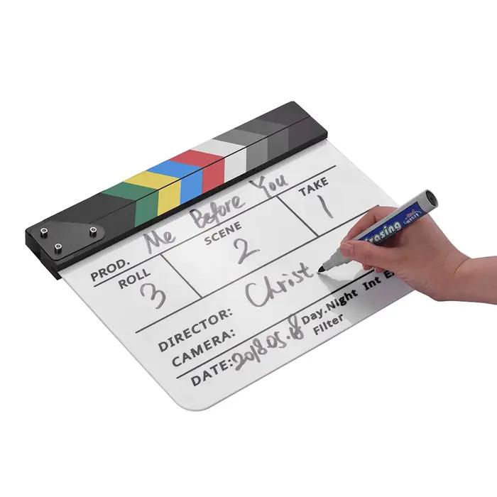 Clapboard professionnel en acrylique effaçable à sec pour réalisateur de films et de séries TV, avec stylo et gomme