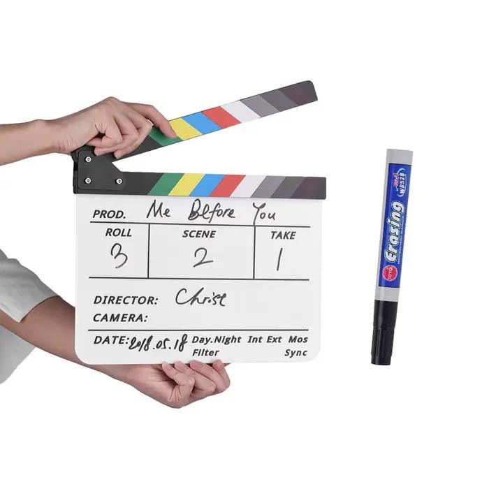 Clapboard professionnel en acrylique effaçable à sec pour réalisateur de films et de séries TV, avec stylo et gomme