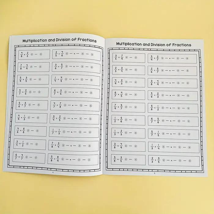 Formation sur la Multiplication et la Division des fractions de base, niveaux de l'école primaire de 3 à 5 ans, ressources pour enseignants de mathématiques, cahier d'exercices de mathématiques