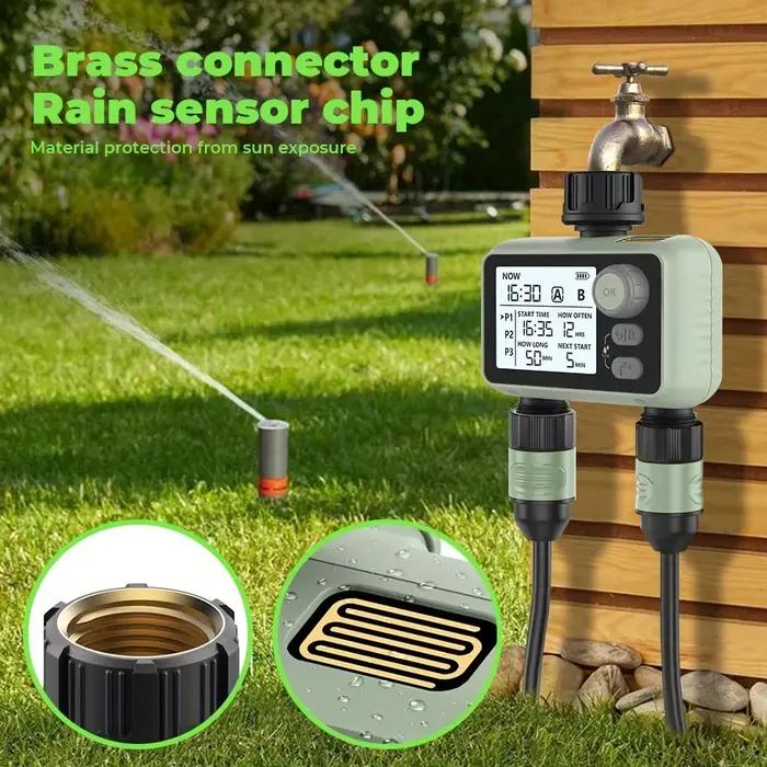 Programmateur d'arrosage de jardin Eshico HCT-376 à 2 sorties avec capteur de pluie intelligent et commande par bouton