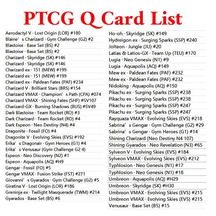 Ensemble complet de cartes de jeu de société PTCG Q (55 cartes), Blastoise/Charizard/Dragonite/Gengar/Lugia/Mew/Pikachu/Shining Charizard PTCG Proxy