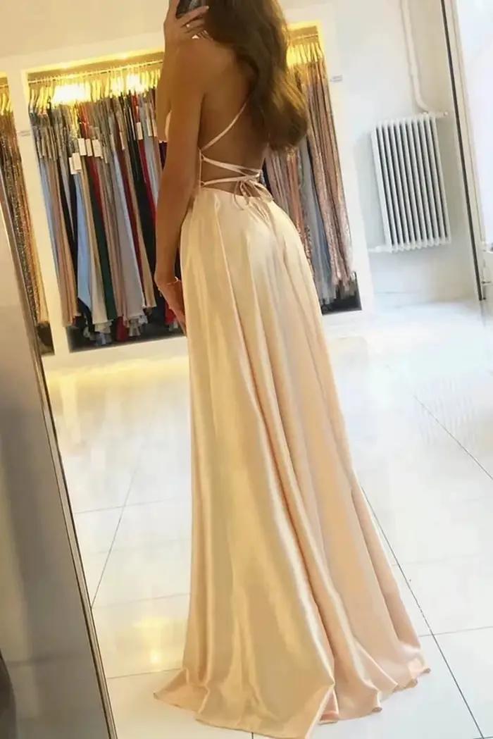 Robe de bal 2025 en satin champagne à fines bretelles, col carré, bleue, avec fente haute, robe de soirée sexy, robe de bal rose, Vestido De Gala