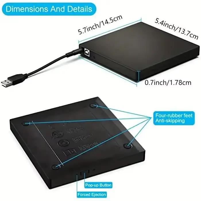 USB 2.0 USB A externe CD/DVD RW lecteur lecture graveur lecteur DVD Portable lecteurs optiques pour ordinateurs portables PC Windows 11 10 Linux OS Mac