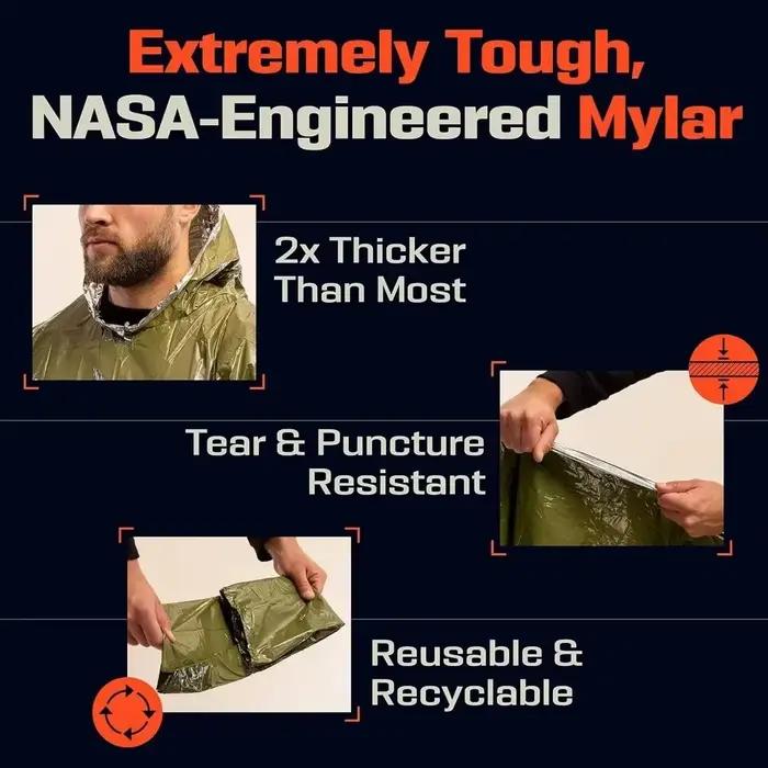 Poncho d'urgence - Imperméable avec isolation contre le froid et couverture de survie, jetable et réutilisable pour le camping/la randonnée