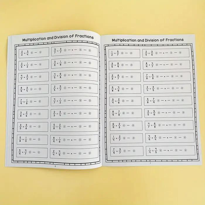 Formation sur la Multiplication et la Division des fractions de base, niveaux de l'école primaire de 3 à 5 ans, ressources pour enseignants de mathématiques, cahier d'exercices de mathématiques