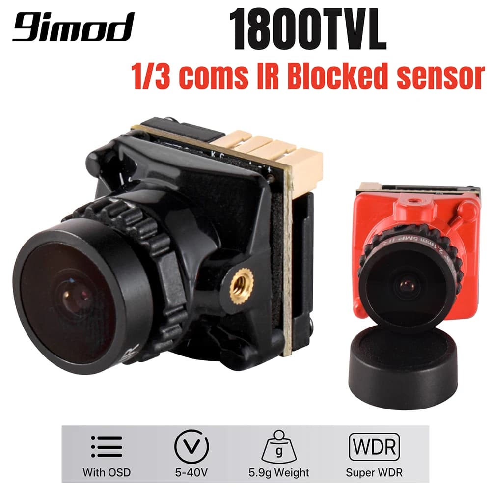 Caméra FPV 9IMOD 1800TVL 5MP 2,1 mm 1/3 coms IR bloqué Sense 5V-40V NTSC/PAL avec OSD interne po