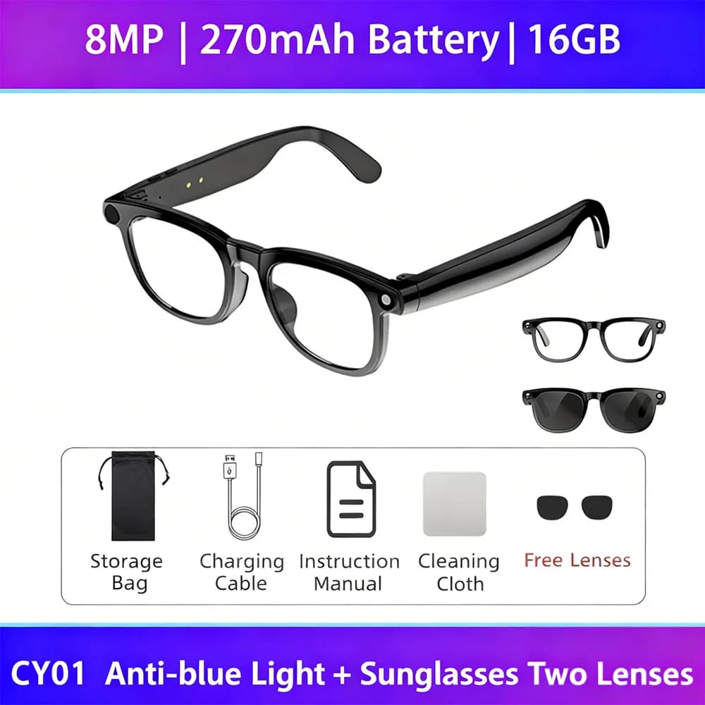 AI lunettes intelligentes avec caméra 8MP enregistrement vidéo 100 + langues traduction lunettes de