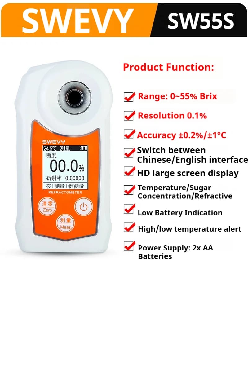 SWEVY SW55S/SW93S Lcd compteur de sucre numérique jus lait thé Atc compteur de sucre 0-93% testeur d