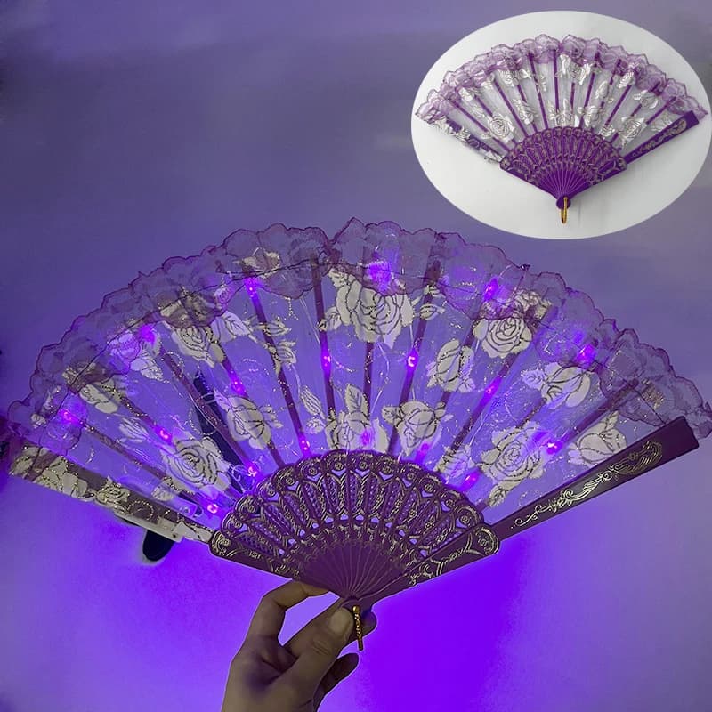 Éventail Rose en dentelle scintillante, éclairage dans la nuit dans la nuit, ventilateur LED Luminou