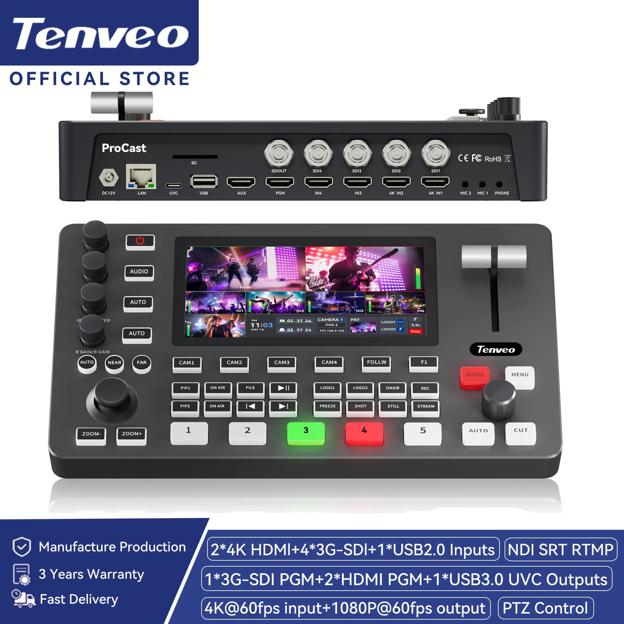Tenveo PC500 HDMI commutateur de flux en direct 5.5 pouces multi-caméra vidéo mélangeur avec Interfaces multiples NDI 4K