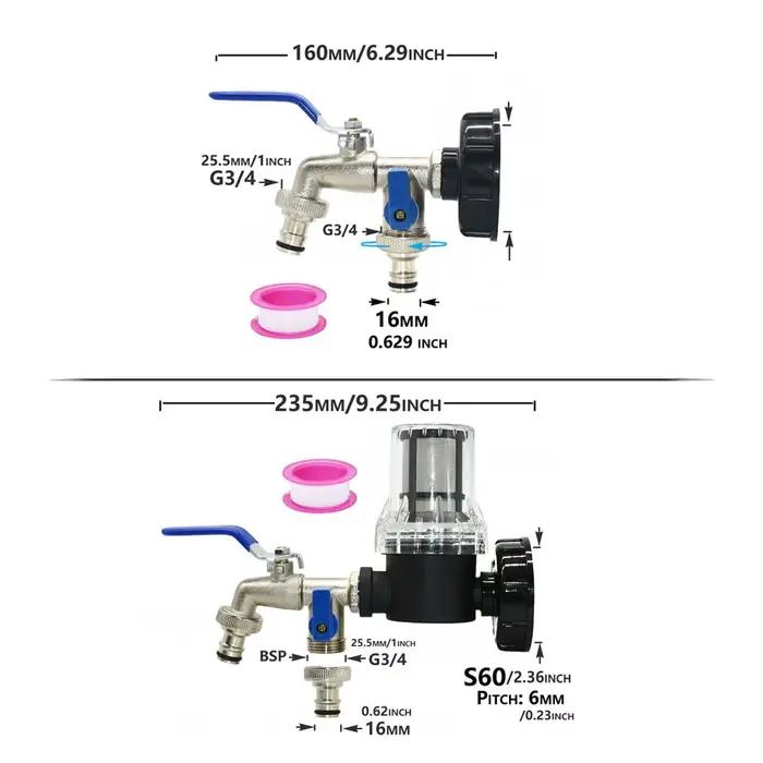 Adaptateur de robinet de réservoir IBC de 1000 litres, filetage S60X6, tuyau d'arrosage 1/2 voies, r