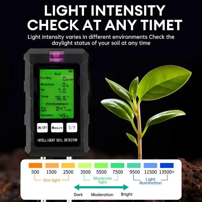 Testeur de sol numérique 6 en 1, détecteur multifonctionnel de pH du sol, humidité, fertilité, pH, t