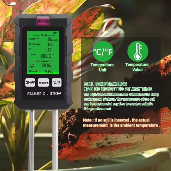 Nouveau 6 en 1 Testeur de Sol pour Mesurer Fertilité du Sol pH Température Humidité Ensoleillement Humidité de l'Air Jardinage Occasions Spéciales